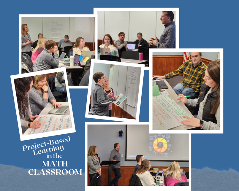 COLLAGE OF PHOTOS WITH PEOPLE SITTING AT TABLES AND A PRESENTER