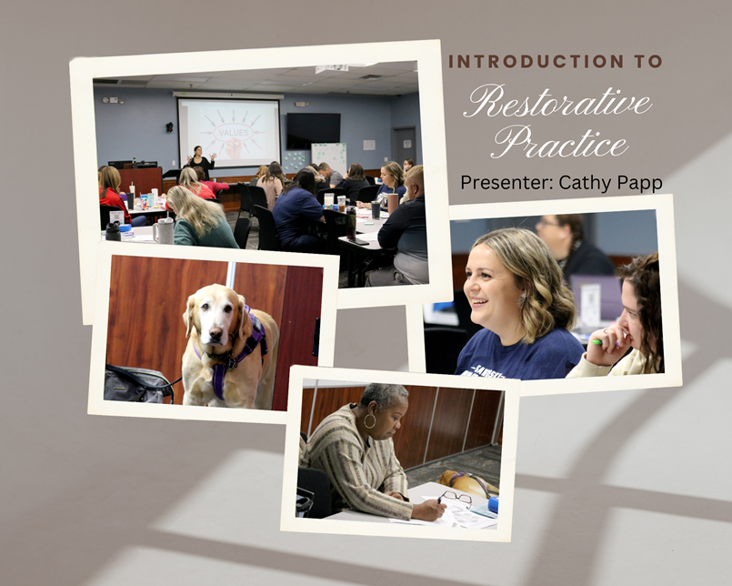 photo collage of people sitting at tables writing also a therapy dog
